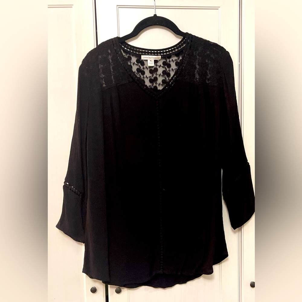 John Paul Richard Raelinn Crochet Detailed Top, XL, Black w/Lace